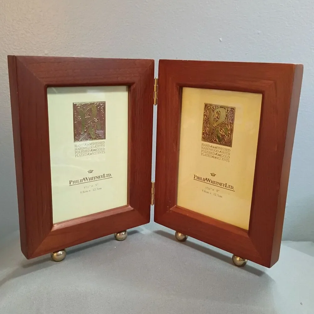 Picture Frame Hinged Wood Double 3.5x5 Folding Display Gold Plated Accents